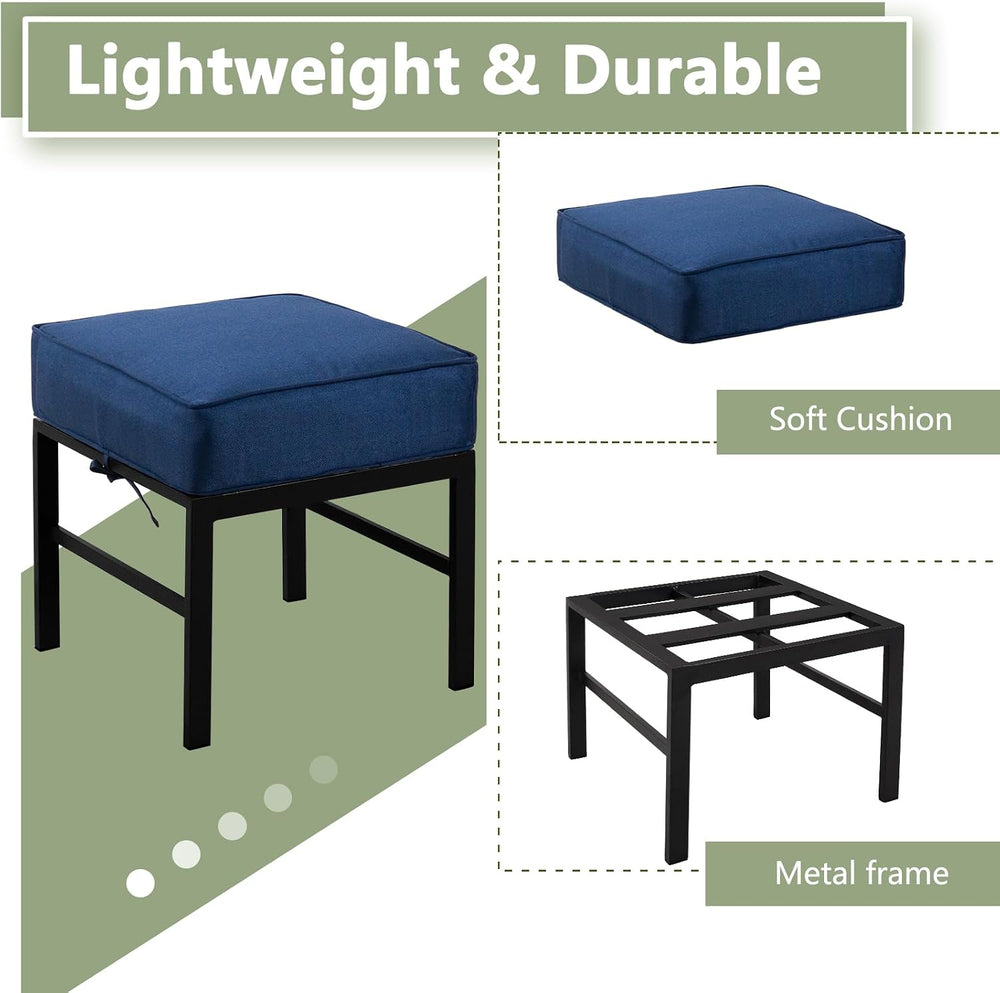2 Pieces Outdoor Patio Ottomans, Assembled Metal Outdoor Ottoman with Blue Cu...