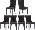 Dining Chairs Set of 6 - Tufted Linen Upholstered High Back with Black Solid Wood Legs - Nailhead Trim - Modern Style for Dining & Kitchen