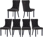 Dining Chairs Set of 6 - Tufted Linen Upholstered High Back with Black Solid Wood Legs - Nailhead Trim - Modern Style for Dining & Kitchen