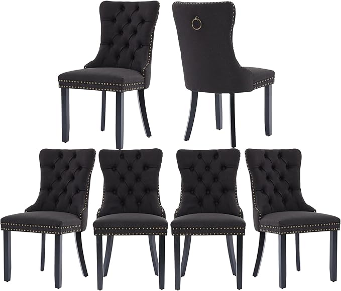 Dining Chairs Set of 6 - Tufted Linen Upholstered High Back with Black Solid Wood Legs - Nailhead Trim - Modern Style for Dining & Kitchen