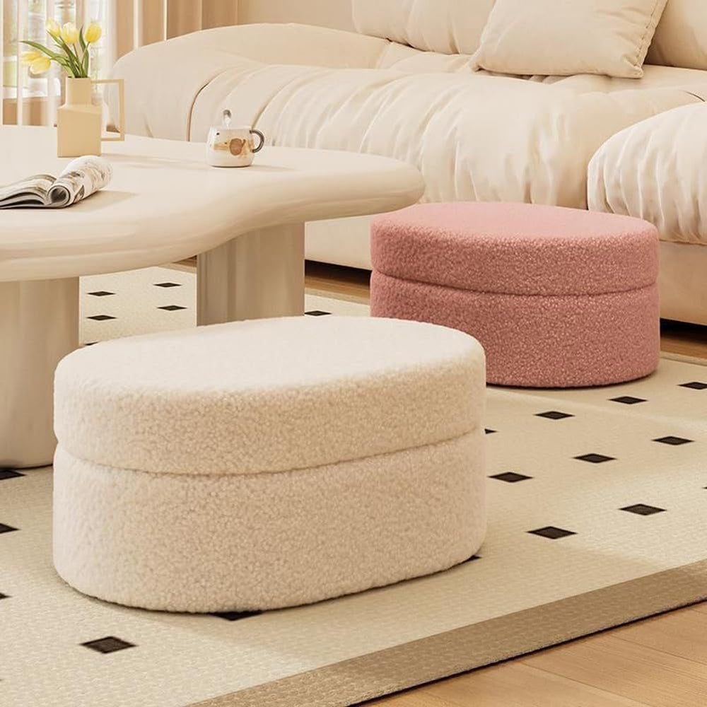 Oval Ottoman with Storage,Fleece Fabric Bed End Stool,Upholstered Padded Seat...