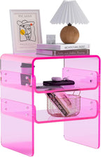 Clear Acrylic 3-Tier End Table/Nightstand – Sleek Bedside Storage with Durable Design, Perfect for Bedrooms, Living Rooms, or Modern Interiors – Ideal as a Bedside Table or Sofa Side Piece (Pink)
