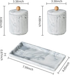 Marble Small Bathroom Jar Set ，Ceramic Cotton Swabs Holder with Lid and Dresser Organizer Set Tray for Storage and Organizing in Bathroom, Dresser, Kitchen, Office