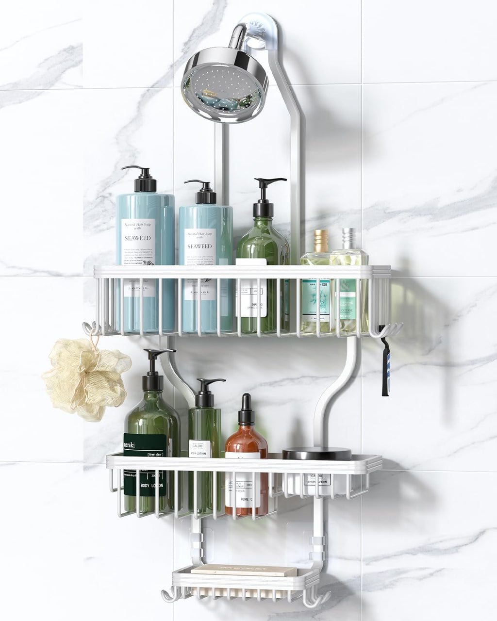 YASONIC Shower Caddy - Never Rust Aluminum Organizer - Over Shower Head with 10 Hooks & Soap Basket - White
