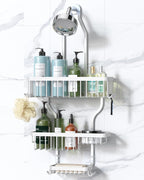YASONIC Shower Caddy - Never Rust Aluminum Organizer - Over Shower Head with 10 Hooks & Soap Basket - White