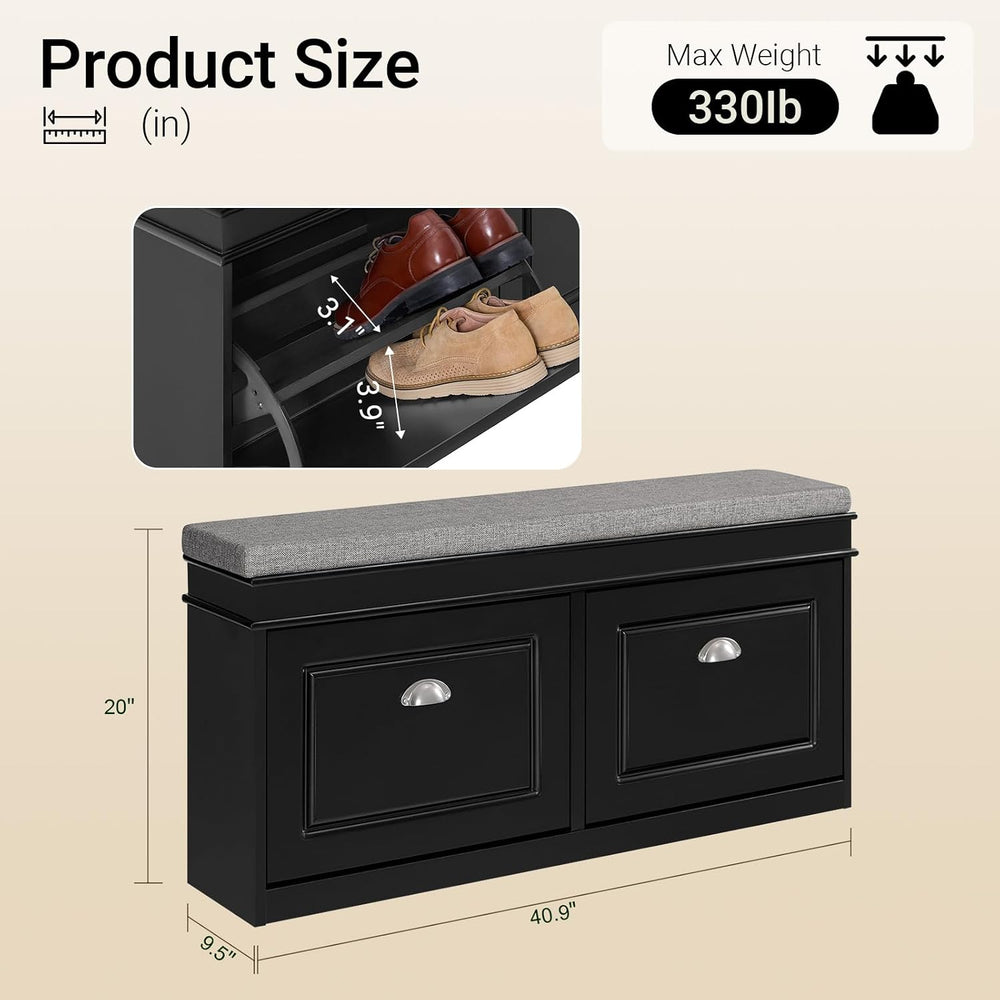 Haotian Black Storage Shoe Bench with Two Flip Drawers