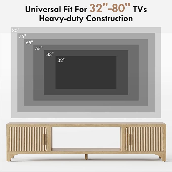 Fluted Oak TV Stands for 65/70/75 Inch TV, Boho Media Console for Living Room, TV Entertainment Center with Storage, Wood Television Cabinet for Bedroom