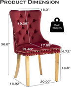Velvet Upholstered Dining Chairs Set of 4, Modern Style Kitchen Side Chairs with Nailhead Trim and Gold Plated Leg, Metal Pulling Ring for Dining Room Living Room(Wine Red-Gold Plated Leg)