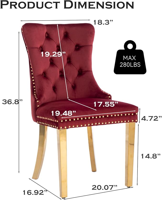 Velvet Upholstered Dining Chairs Set of 2, Modern Style Kitchen Side Chairs with Nailhead Trim and Gold Plated Leg, Metal Pulling Ring for Dining Room Living Room(Wine Red-Gold Plated Leg)