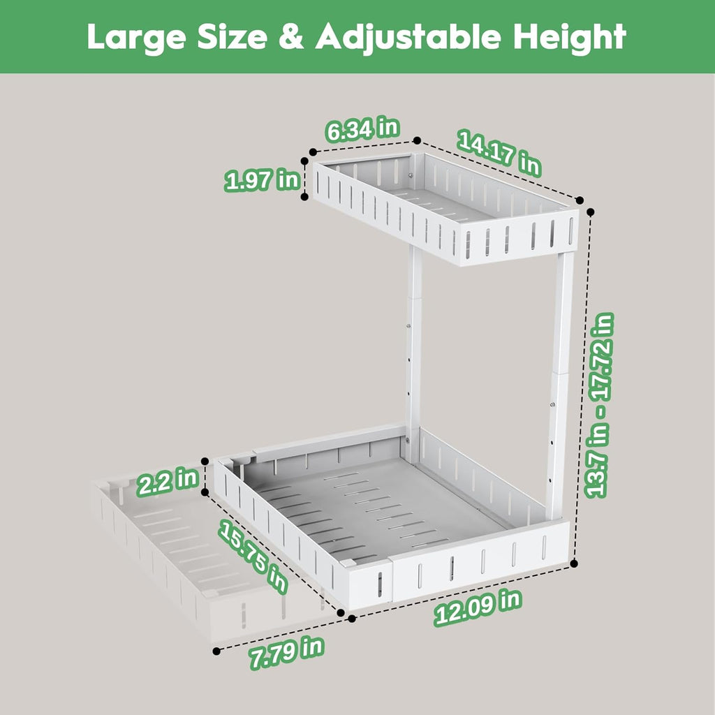 REALINN Under Sink Organizer, 2 Tier Expandable Under Cabinet Organizer, Heights Adjustable Pull Out Storage for Kitchen Bathroom Laundry, White, 2 Pack