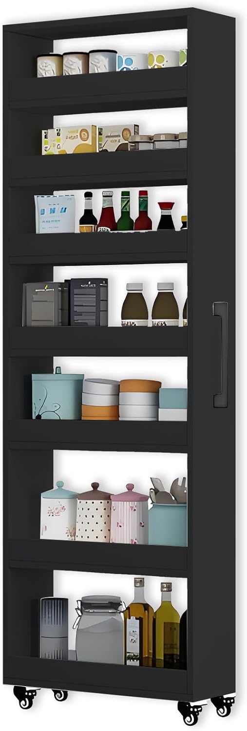 7-Tier Slim Storage Cart, Wooden Rolling Pantry Cabinet with Wheels, Narrow Shelf Organizer for Kitchen, Bakers Rack, Dining Room, Closet, Small Spaces Dark Walnut 73.2''H*9.8''W*19.6''D