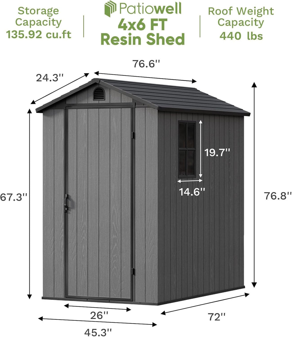Patiowell 4 x 6 Resin Storage Shed with Floor, Outdoor Plastic Garden Shed with Lockable Door & Window, Easy Assembly Tool Shed for Backyard, Dark Gray