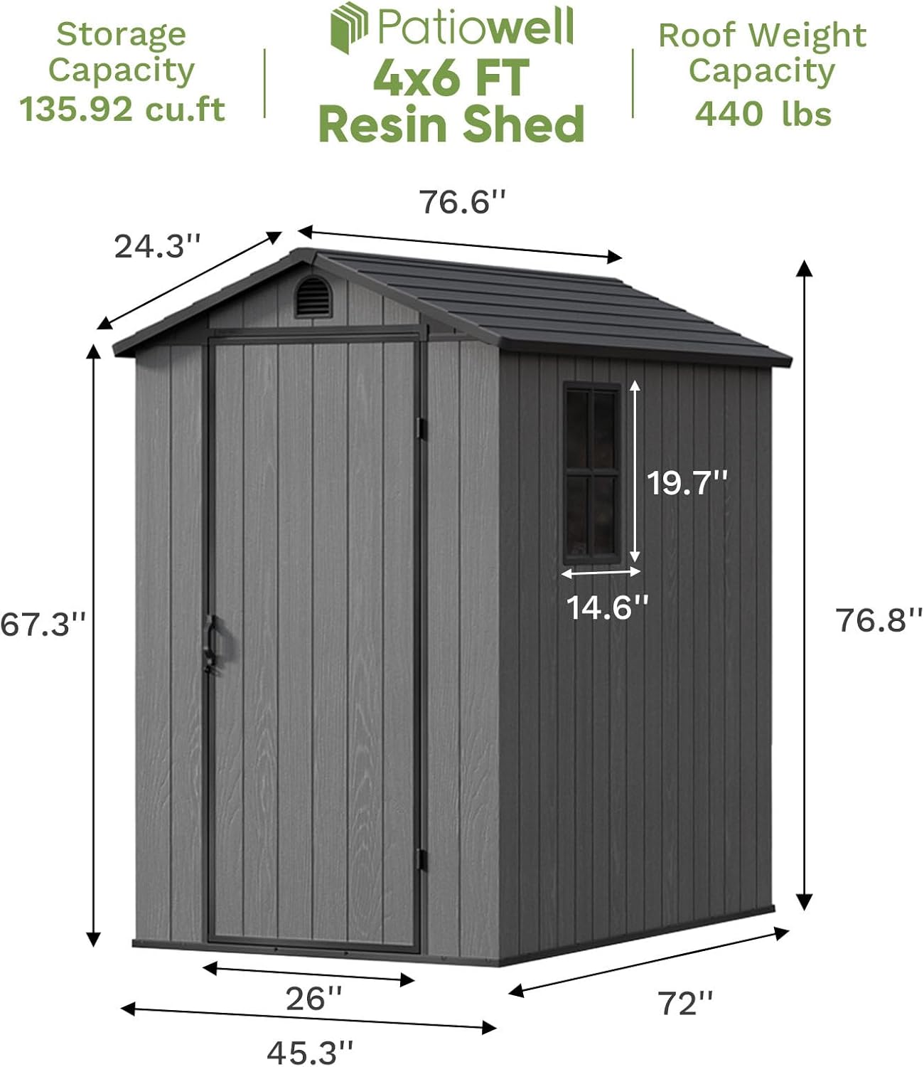 Patiowell 4 x 6 Resin Storage Shed with Floor, Outdoor Plastic Garden Shed with Lockable Door & Window, Easy Assembly Tool Shed for Backyard, Dark Gray