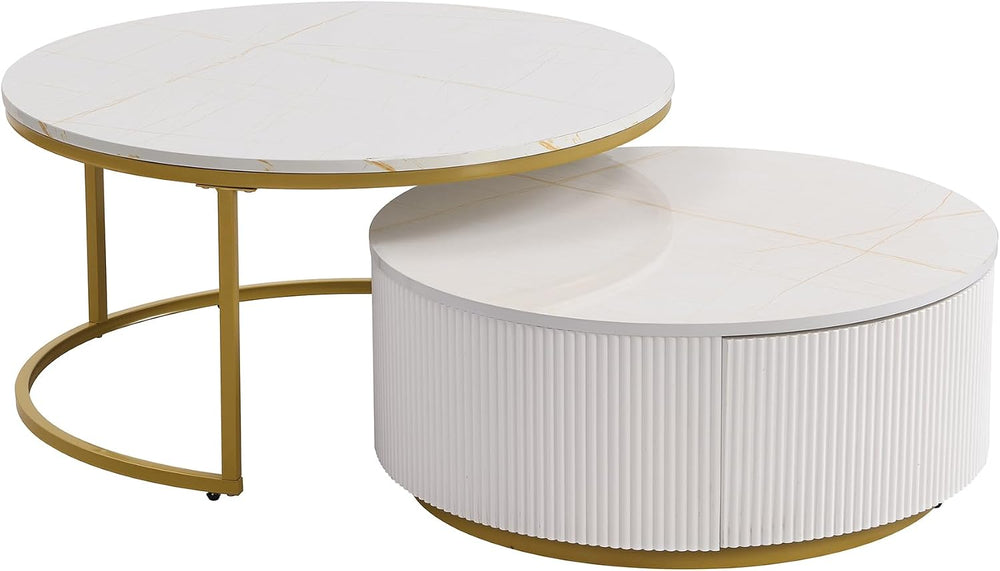 Nesting Coffee Table Set of 2, Round Coffee Table with Drawer for Living Room...