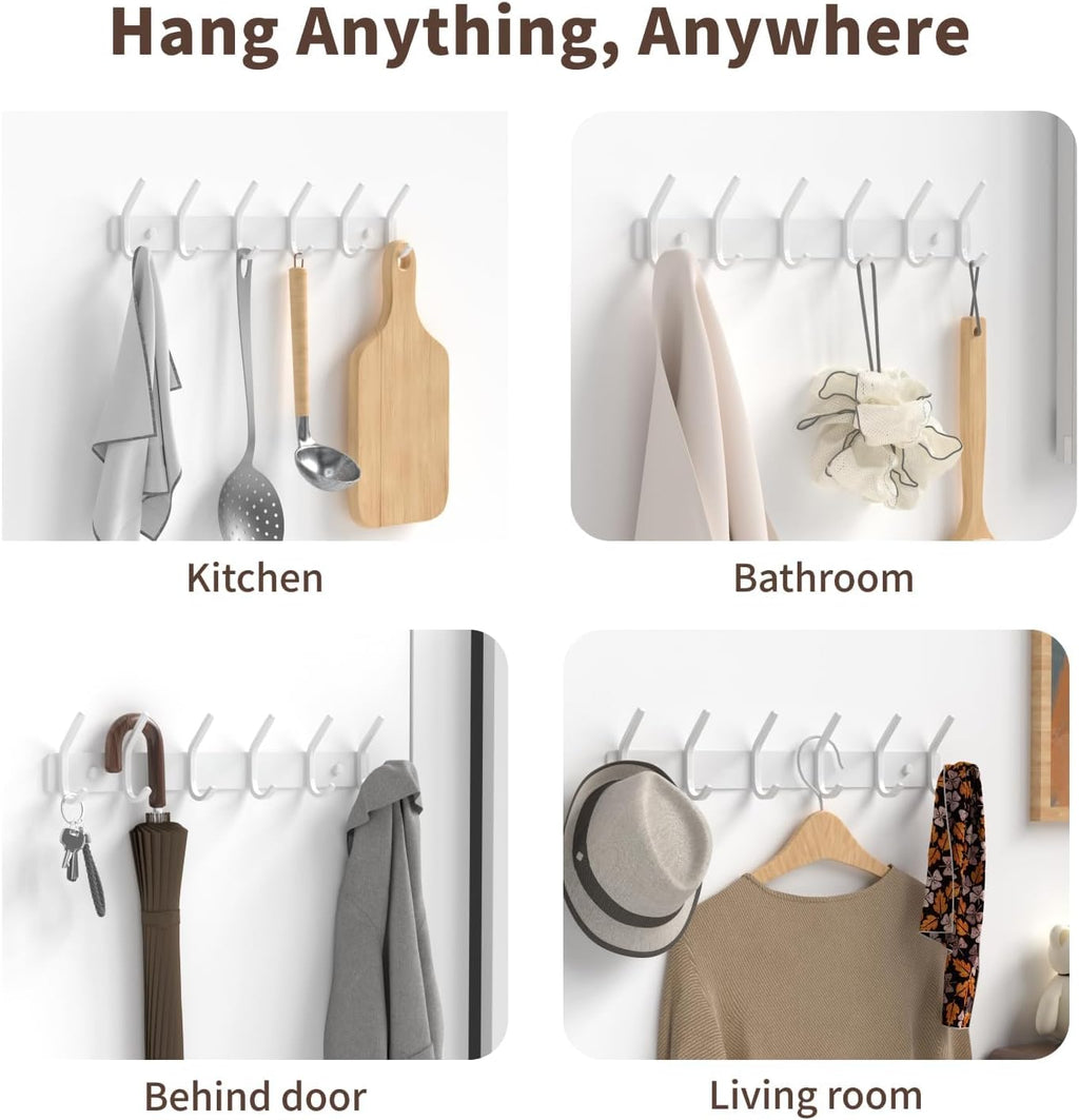 Coat Rack Wall Mount Hooks - 15 Inch Matte White Metal 6-Hook Organizer Wall Mounted, Modern Kids Room, Entryway & Bathroom Hanger for Beach Towels, Coats, Purses, Bags (1 Pack)