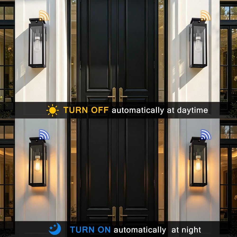 Cerdeco 15" Dusk to Dawn Outdoor Wall Light with 4-Side Clear Glass,2 Pack
