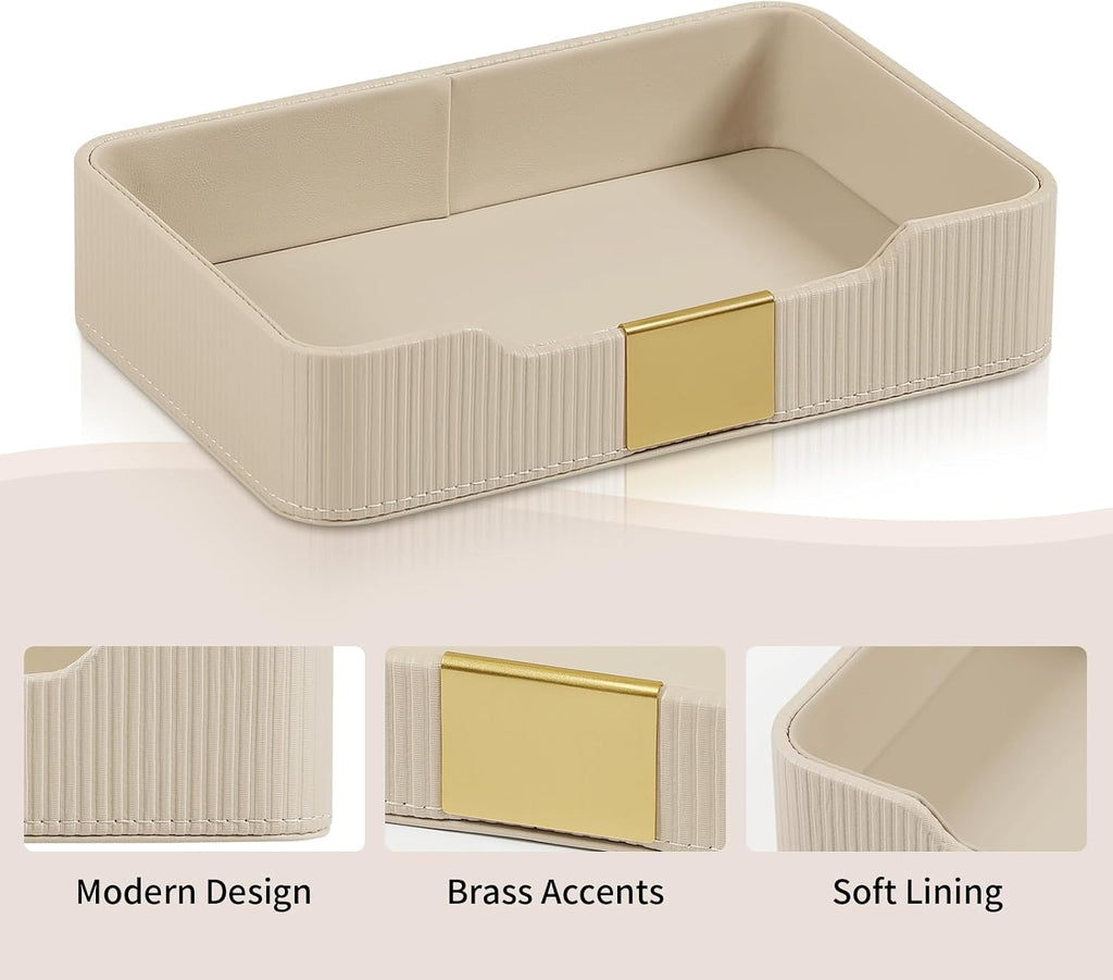 Valet Tray Organizer Keay Bowl Catchall Tray Nightstand Organizer | PU Leather, Brass Accents Block, Soft Lining, Larger Size, Waterproof And Stain-Resistant