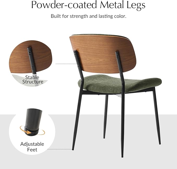 HULALA HOME Dining Chairs Set of 6 Mid-Century Modern Upholstered Kitchen Dining Room Chairs with Wood Curved Backrest, Black Metal Legs Fabric Dinner Chair for Living Room Cafe Restaurant Moss