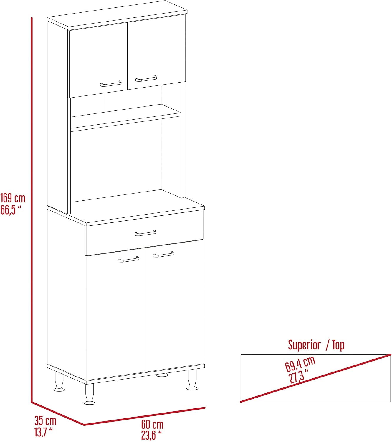 67" Kitchen Pantry Storage Cabinet with Open Shelves & Microwave Stand,Modern Hutch Cabinet Cupboard Credenza with 4 Doors and 1 Drawer for Kitchen, Living Room, White