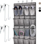Over the Door Hanging Shoe Organizer, 24 Breathable Mesh Pockets, Closet Rack Storage Holder, Stay in Place Hooks Hang on Closets, Hanger Holds Up to 40 lbs for Shoes, Accessories, Gray