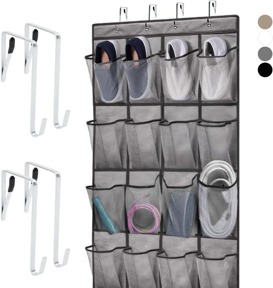 Over the Door Hanging Shoe Organizer, 24 Breathable Mesh Pockets, Closet Rack Storage Holder, Stay in Place Hooks Hang on Closets, Hanger Holds Up to 40 lbs for Shoes, Accessories, Gray