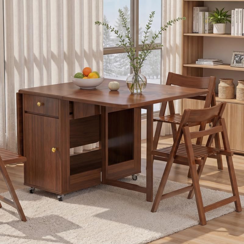 Folding Drop Leaf Dining Table and Hidden Chairs for Small Spaces Kitchen | F...