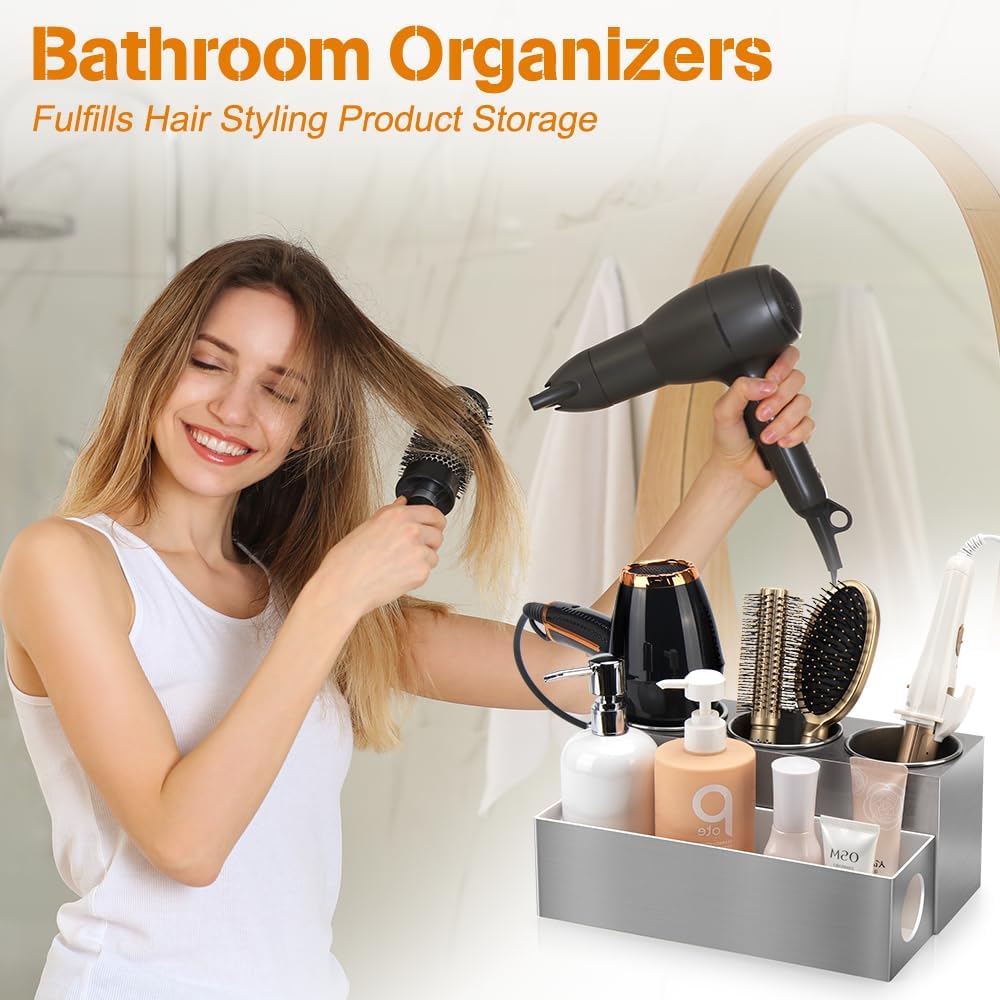 Hair Tool Organizer - Bathroom Vanity Organizers and Storage, Hair Styling Accessories Hot Tools Organizer Hair Dryer, Blow Dryer, Curling Iron, Flat Iron, Hair Straightener, Silver