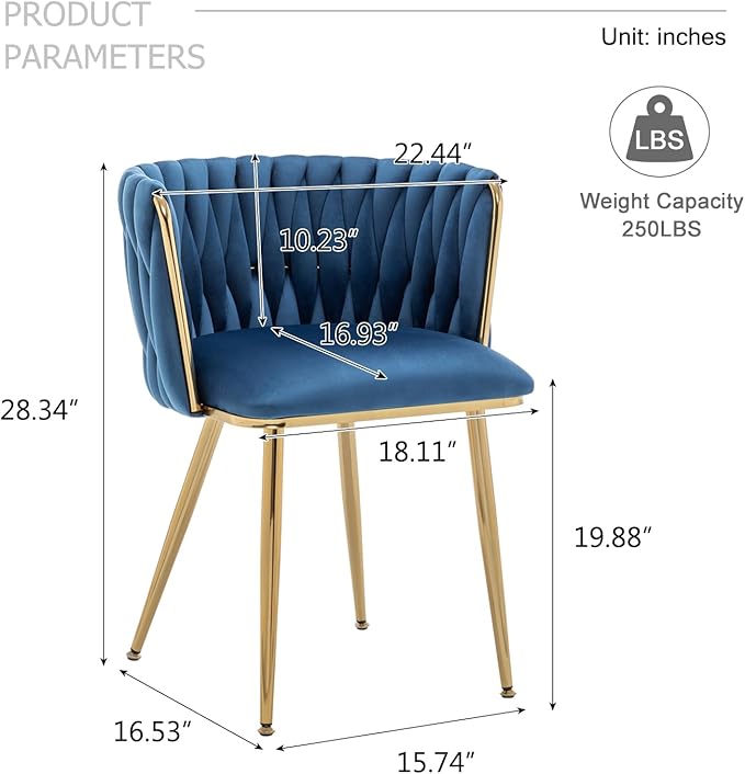 Velvet Dining Chairs Set of 4, Modern Upholstered Dining Chairs with Gold Metal Legs for Dining Room, Vanity, Kitchen, Living Room(Blue)