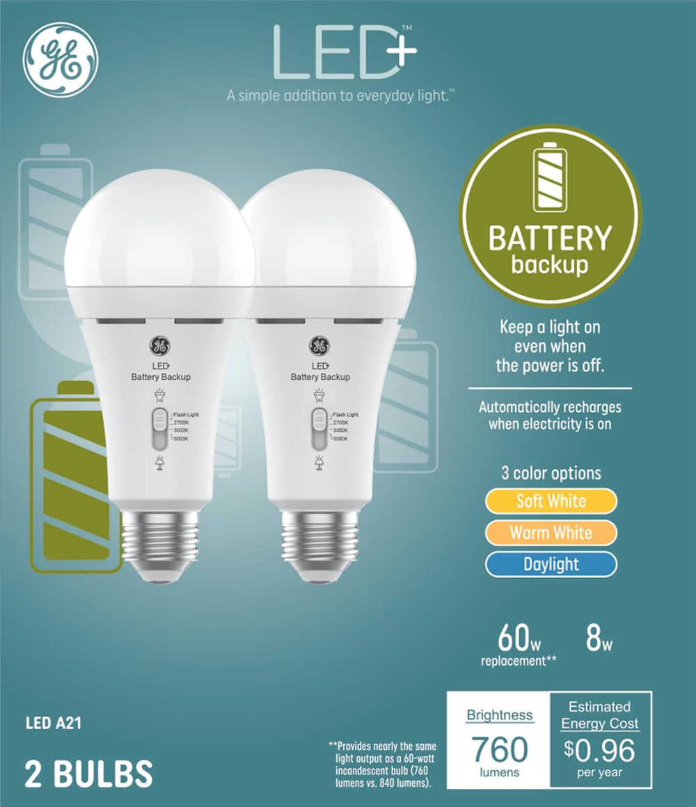 GE LED+ Backup Battery LED Light Bulbs, A21 Rechargeable Light Bulbs for Powe...