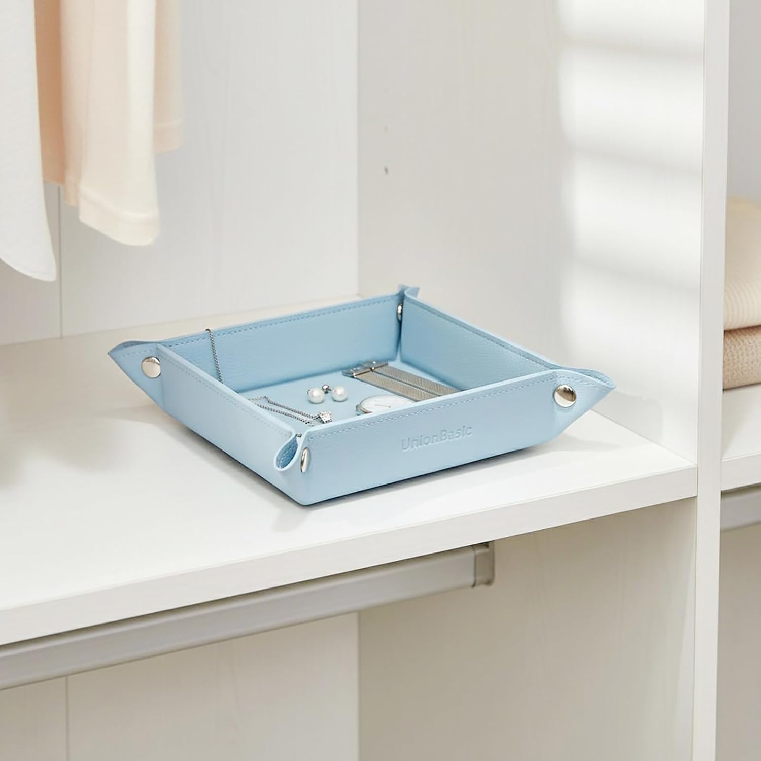 UnionBasic Small Jewelry Tray for Rings Watches Earrings, Entryway Catchall Caddy for Coins Keys Change, Nightstand Bedside Valet Holder, Trays for Electronic Gadgets, Lychee Pale Blue