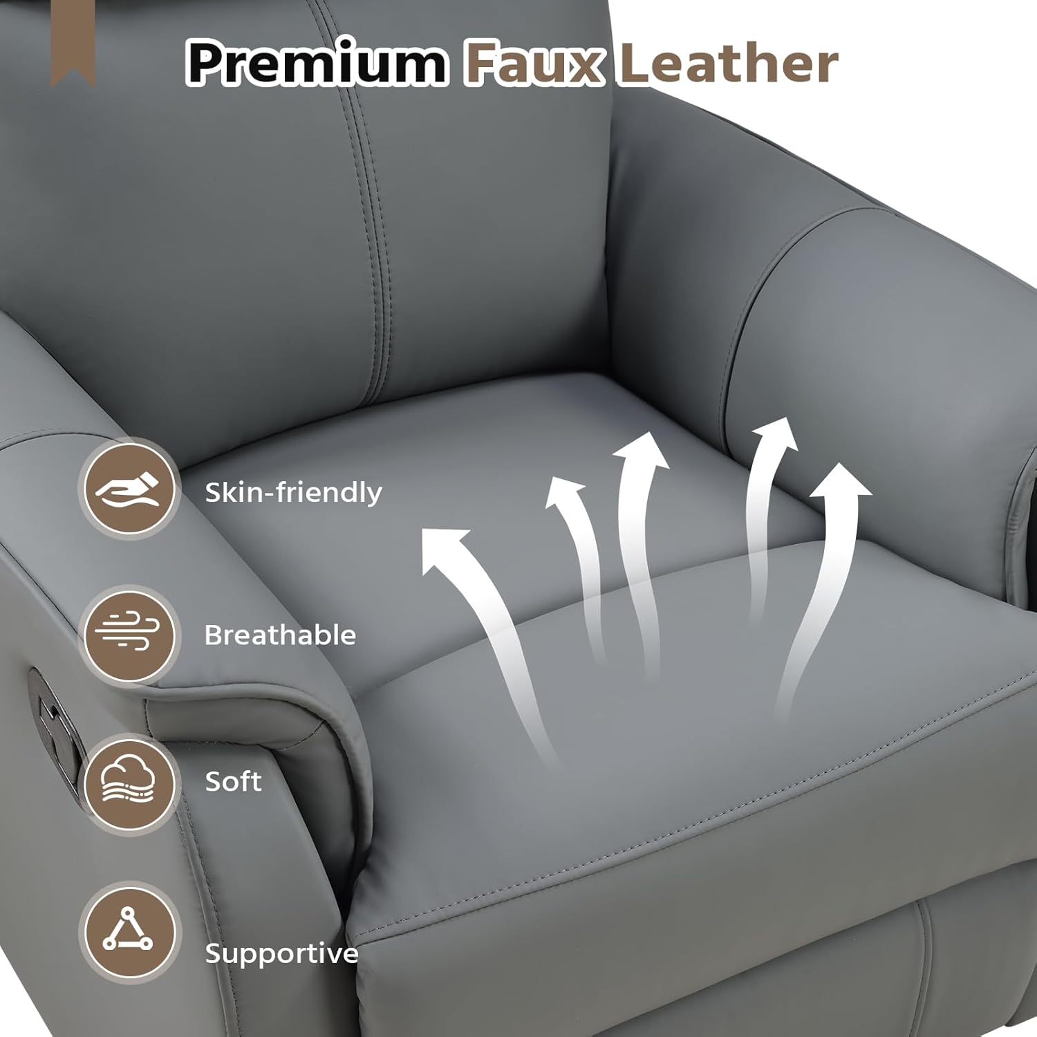 HAOMARKETS Swivel Rocker Recliner Chair Set of 2, Manual Faux Leather Glider Rocking Recliners for Adults, 360° Swivel Nursery Reclining Sofa with Padded Backrest for Living Room, Grey