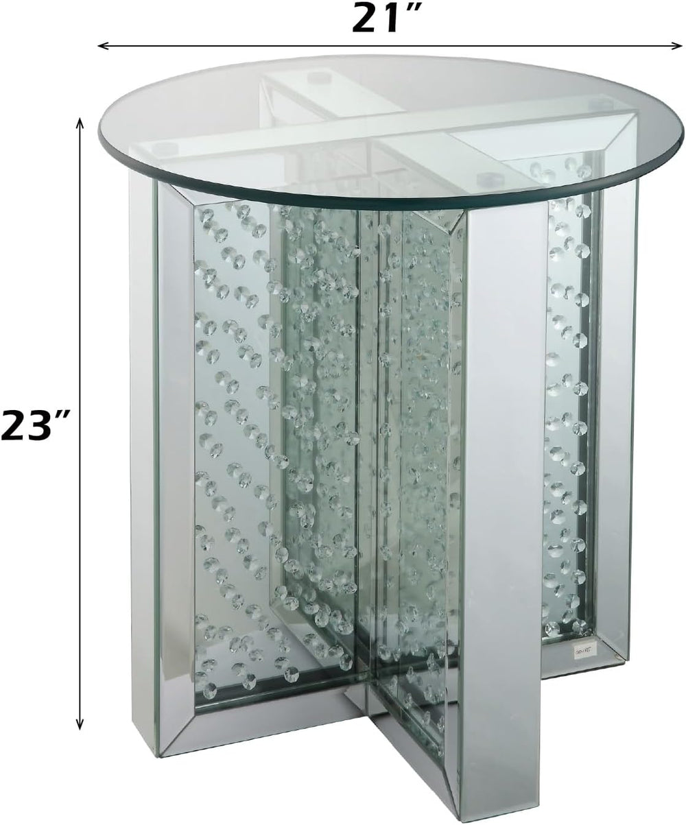 Nysa Modern 21" Round Mirrored End Table with Faux Crystal Inlay, Glam X...