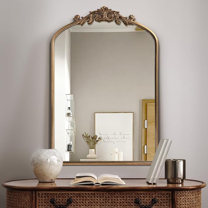 WAMIRRO Antique Mirror,Gold Traditional Vintage Ornate Baroque Arched Brass Mirrors Entryway/Fireplace/Living Room/Hallway/Bathroom 24"X36"