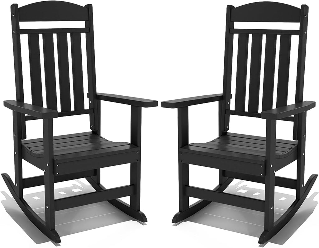 NAVINE Outdoor Rocking Chairs Set of 2, Oversized High Back Patio Rocking Chairs, All Weather Porch Rocking Chairs for Outside. Black