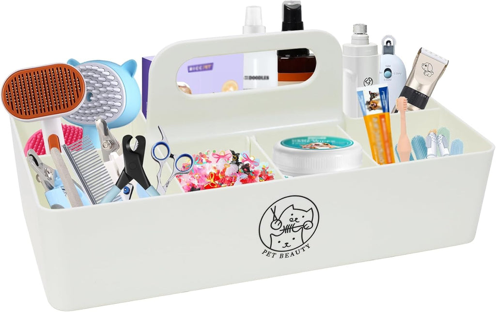 Dog Storage Organizer for Grooming Supplies,8-Compartment Caddy for Dog Cat Grooming Kit,Pet Stuff Storage, Ieal for Shampoo, Trimmer,Clipper,Combo,Brush-Modern Minimalist White