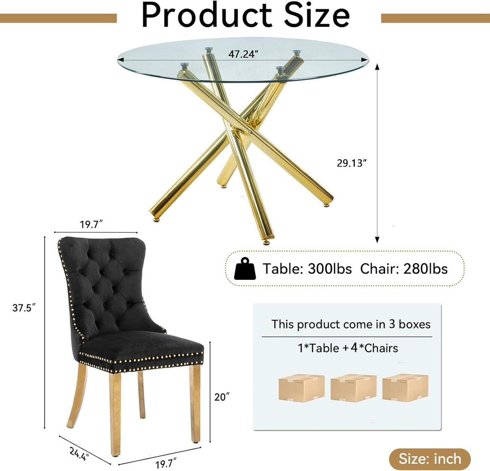 Round Glass Dining Table Set for 4, Small Kitchen Table Set for 4, 47" C...