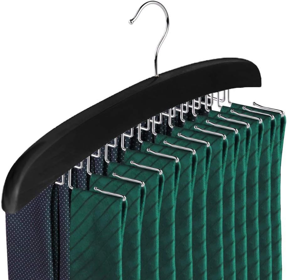 Wooden Tie Hanger,24 Tie Organizer Rack Hanger Holder Hook (Black, 24 Hooks)
