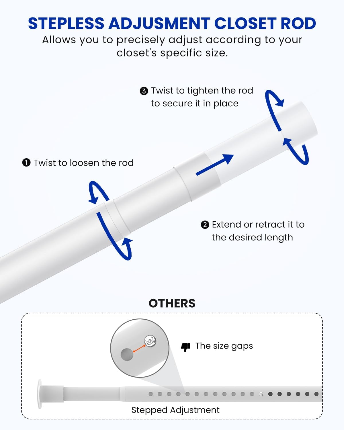Closet Rods for Hanging Clothes, 17 to 84 Inches Stepless Adjustable Metal Closet Rod, 1.3 Inches Heavy Duty Clothes Hanging Rod for Closet Wardrobes Laundry RV, White