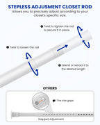 Closet Rods for Hanging Clothes, 17 to 159 Inches Stepless Adjustable Metal Closet Rod, 1.3 Inches Heavy Duty Clothes Hanging Rod for Closet Wardrobes Laundry RV, White