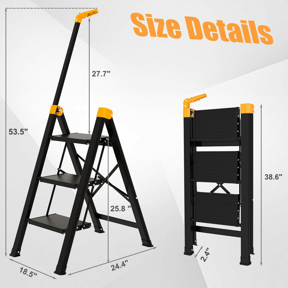 3 Step Ladder with Single-Handrail, Aluminum Step Stool Foldable (Yellow)