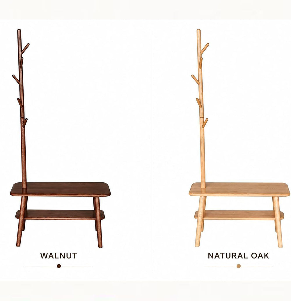 Solid Oak Coat Rack with Bench, 2-in-1 Shoe Bench and Coat Rack, Narrow Woode...