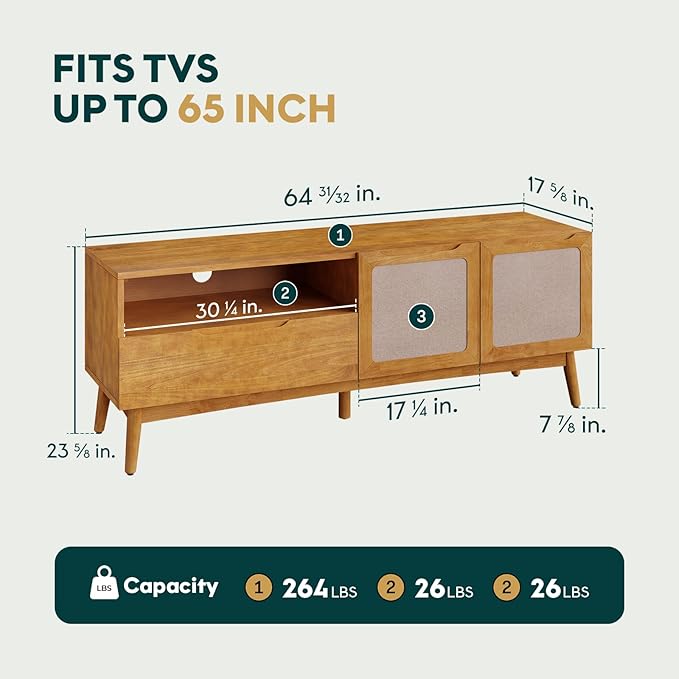 Calista TV Stand 1 Drawer 2 Door – Teak Brown Finish Media Console with Open Shelf & Fabric Panel Doors, Mid-Century Modern Style with Tapered Legs, Easy Assembly