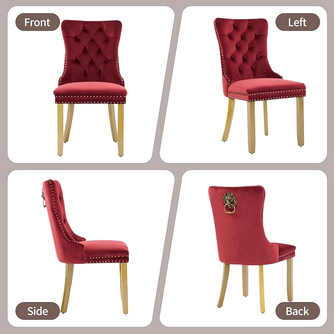 Velvet Dining Chairs Set of 6, Upholstered Dining Room Chairs with Lion Head Pulls Ring and Golden Solid Wood Legs, Modern Button Tufted Kitchen Chairs for Dining Room, Kitchen(Wine Red)