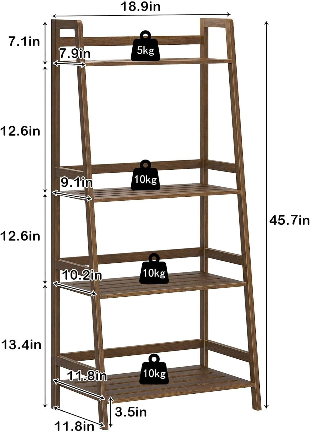 sogesfurniture, 4-Tier Bamboo Ladder Shelf, Rustic Style, Bookshelf Storage Rack, 18.9x11.8x46.5 inches, Brown