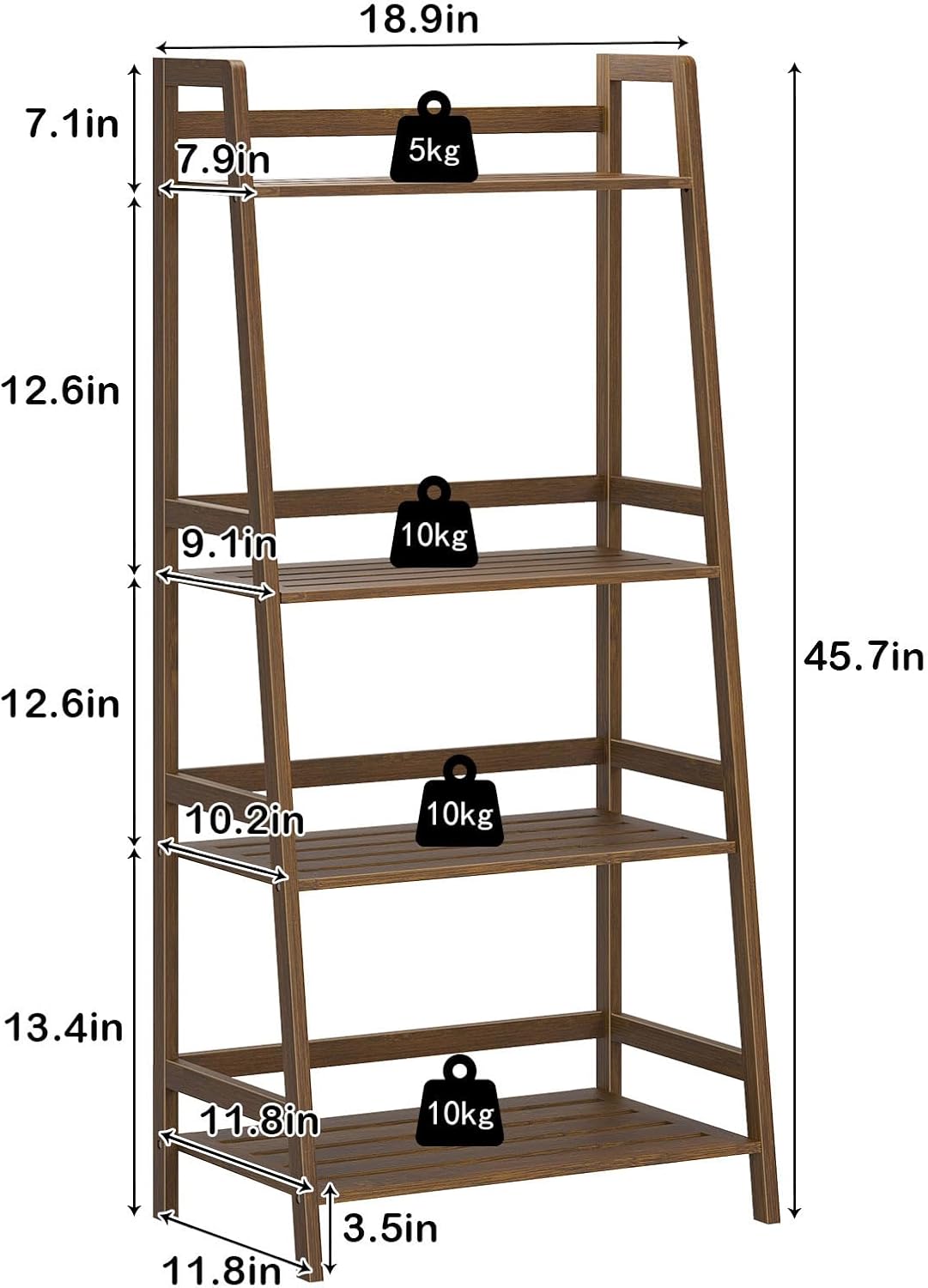sogesfurniture, 4-Tier Bamboo Ladder Shelf, Rustic Style, Bookshelf Storage Rack, 18.9x11.8x46.5 inches, Brown