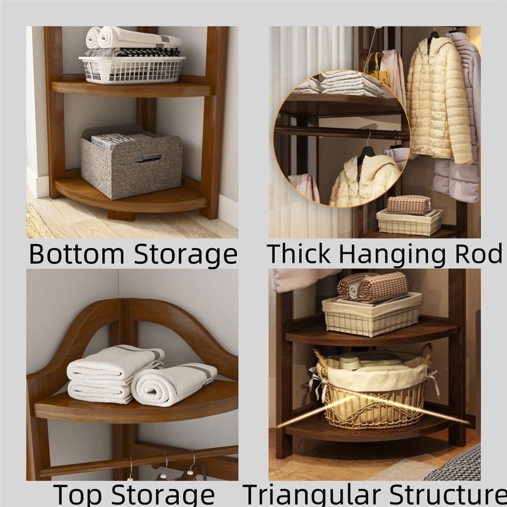 Wooden Corner Clothes Rack, Freestanding Coat Rack(White) | Clothing Rack with Storage Shelf, Hallway Coat Stand for Entryway, Bedroom, and Living Room