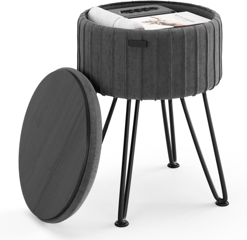 Round Ottoman with Storage, Pleated Velvet Storage Ottoman, Foot Stool Ottoma...