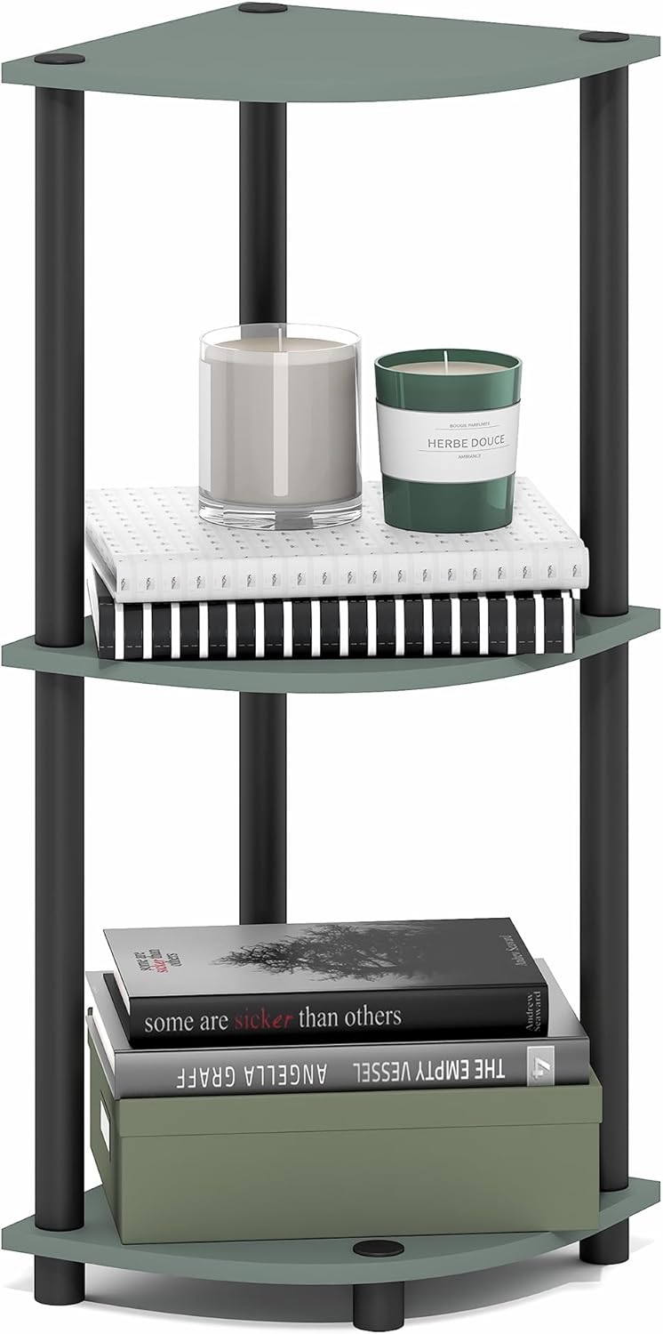 Furinno Turn-N-Tube Corner Shelf, 3-Tier Corner Bookshelf, Display Storage Shelves with Open Shelves, for Organization and Storage, Living Room, Home Office, Garage, Sage Green