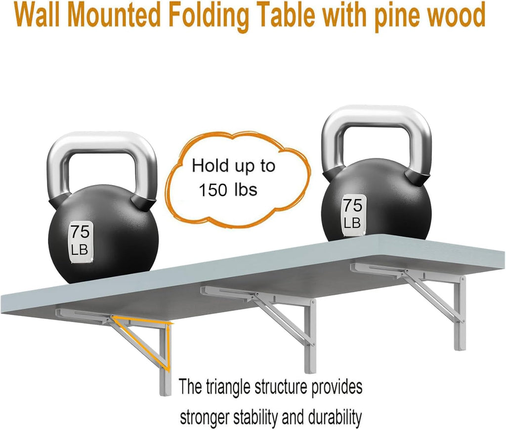 IAE Wall Mounted Folding Table with Pine Wood,55" x 16" Floating Wall Desk,Laundry Folding Table with Shelf Brackets,Fold Down Desk Shelf,Folding Workbench for Home,Dining,Laundry Room,Kitchen,White