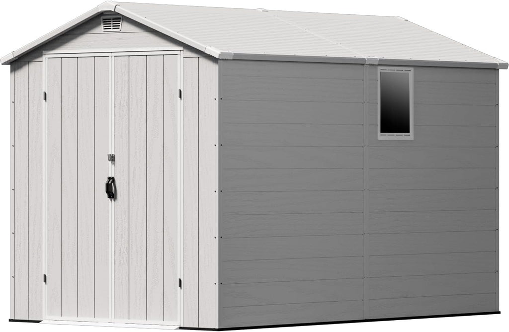 Patiowell 6x10FT Outdoor Storage Shed with Floor, Plastic Resin Garden Shed with Lockable Door, Windows, Weather-Resistant for Lawn Mower, Tool & Backyard Storage (Light Grey)